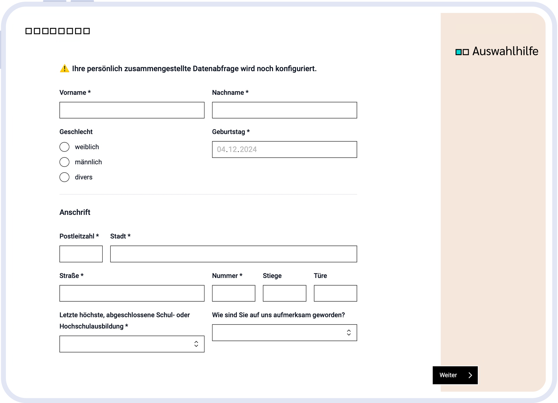 Formular zur Datenabfrage der Auswahlhilfe-Lehrlingstests.