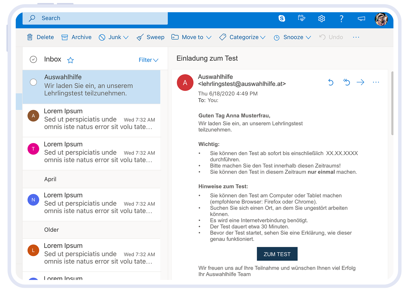 Vorlage der Einladung für die Auswahlhilfe-Lehrlingstests.
