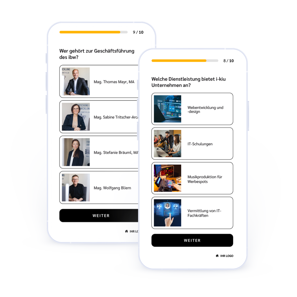 Mobile Screens des LehrbetriebsCheck mit Testfragen zu Lehrbetrieben.