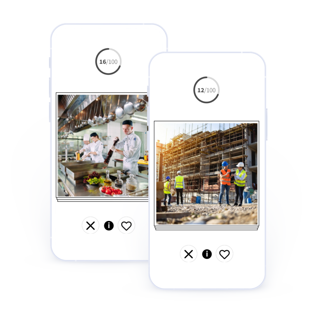 Mobile Screens des InteressenCheck mit Bildern aus Küche und Bau sowie Buttons zur intuitiven Entscheidung.