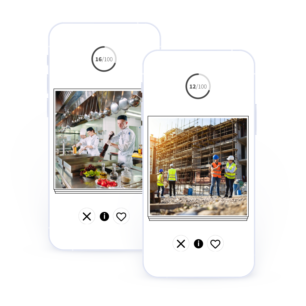 Mobile Screens des InteressenCheck mit Bildern aus Küche und Bau sowie Buttons zur intuitiven Entscheidung.