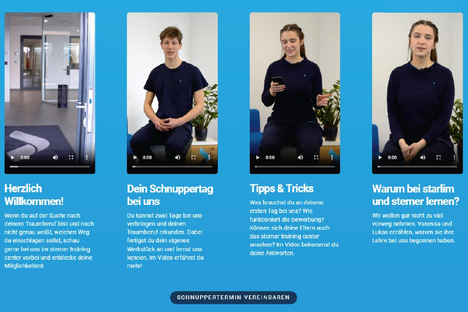 Lehrlings-Videos auf der Website des Lehrbetriebs starlim & sterner.