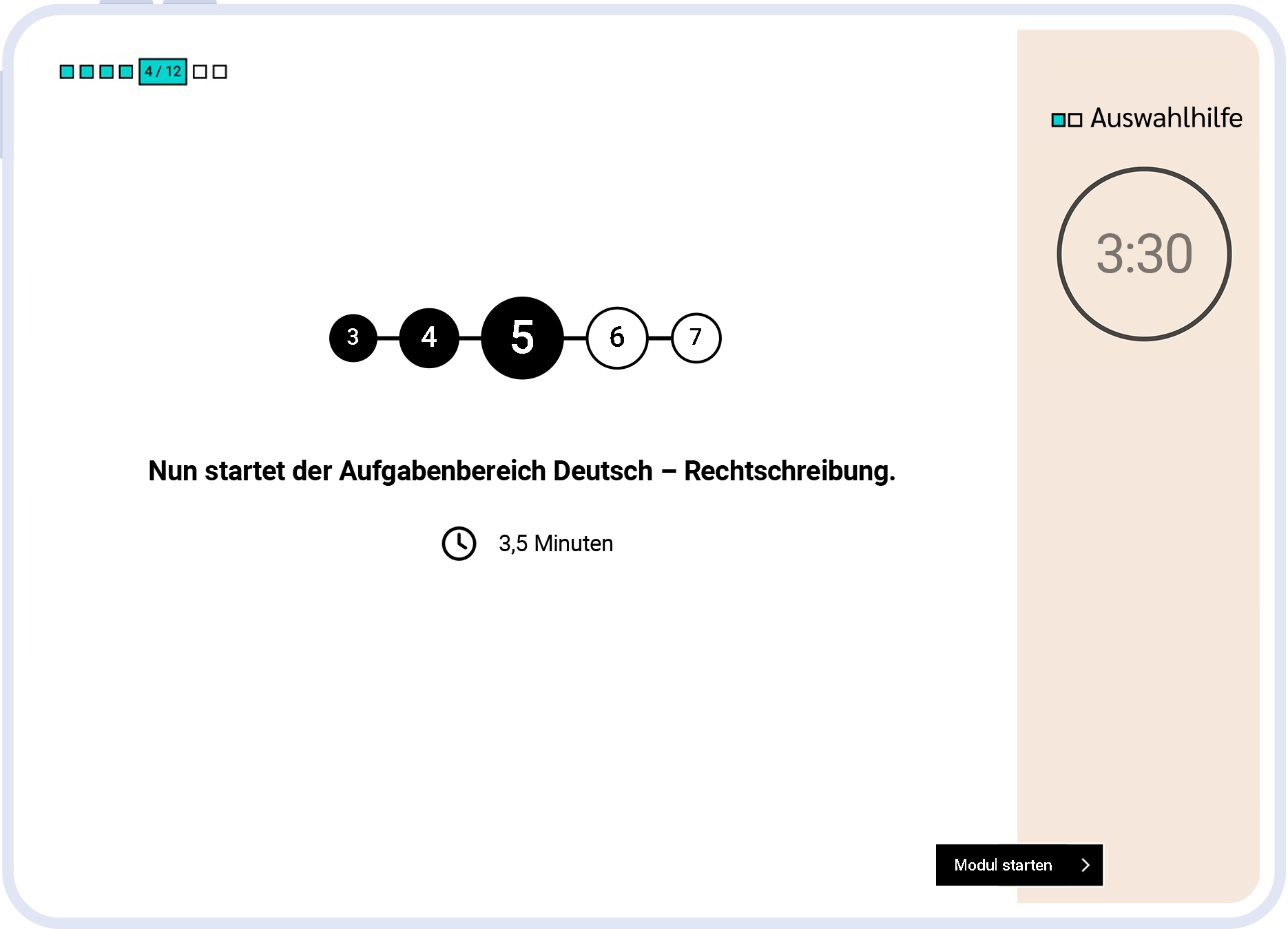 Testdurchführung eines online Lehrlingstests mit sieben Aufgabenbereichen, Timer und Fortschrittsanzeige.
