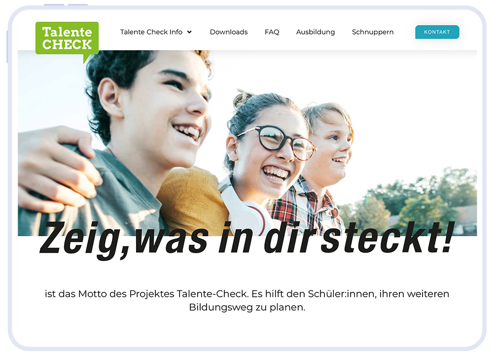 Website des TalenteChecks Vorarlberg für die Berufsorientierung von Vorarlberger Jugendlichen.